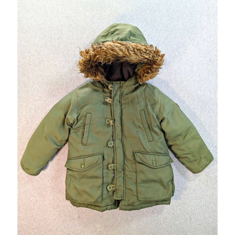 Baby Gap Green Hooded Parka Coat Faux Fur Trim Lined Removable Zip Nylon 4T